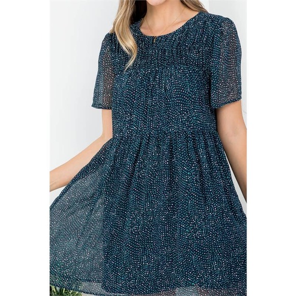 Navy Blue Printed Babydoll Dress - Picture 2 of 7